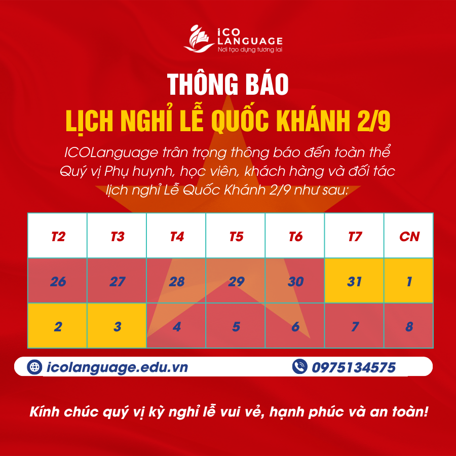 ICOLanguage TB lịch nghỉ lễ Quốc khánh